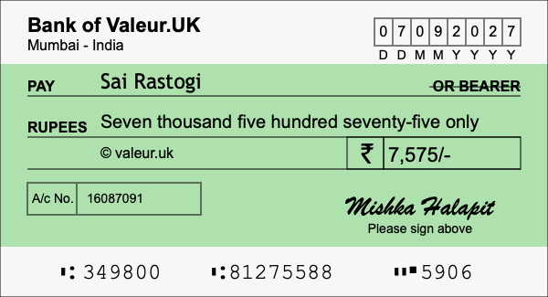 How to write a cheque for 7,575 rupees