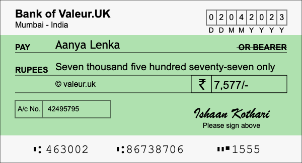 How to write a cheque for 7,577 rupees
