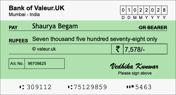 How to write a cheque for 7,578 rupees