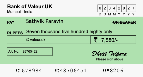 How to write a cheque for 7,580 rupees