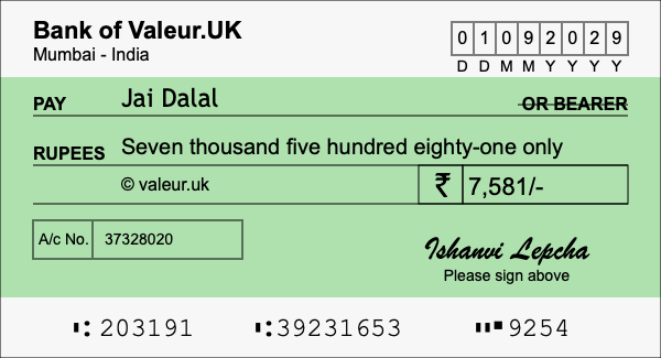 How to write a cheque for 7,581 rupees How to write a cheque for 7,581 rupees
