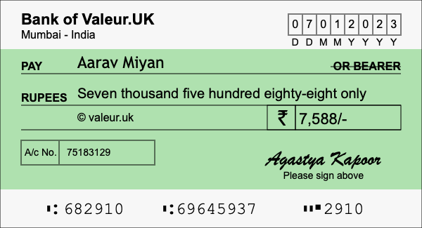 How to write a cheque for 7,588 rupees