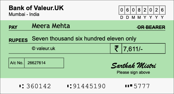 How to write a cheque for 7,611 rupees
