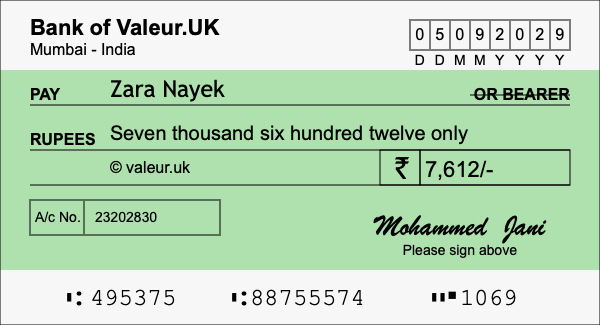 How to write a cheque for 7,612 rupees