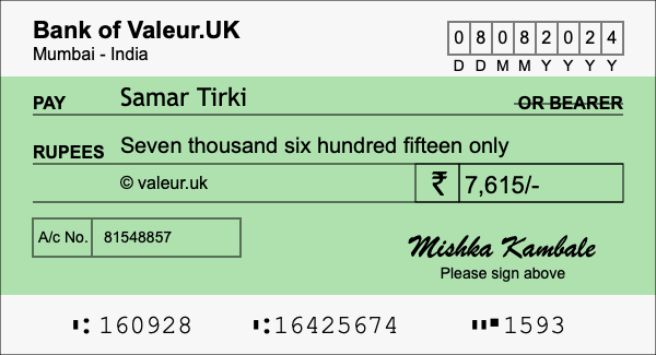 How to write a cheque for 7,615 rupees