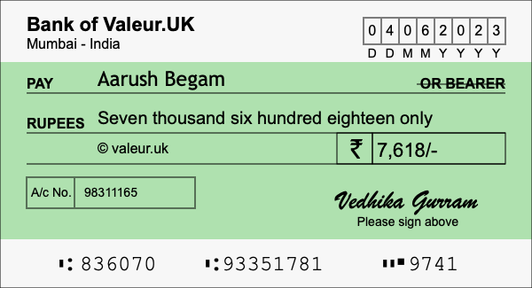 How to write a cheque for 7,618 rupees