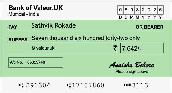 How to write a cheque for 7,642 rupees