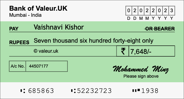 How to write a cheque for 7,648 rupees
