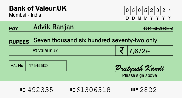 How to write a cheque for 7,672 rupees
