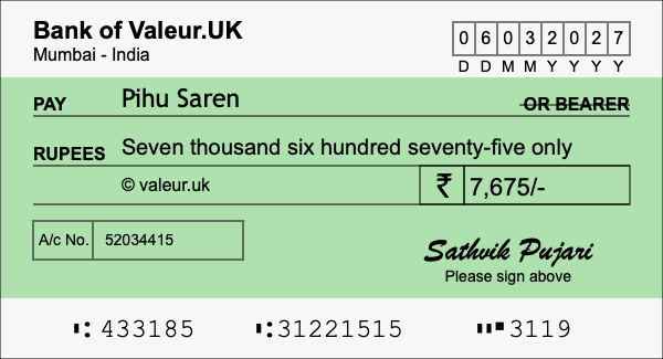 How to write a cheque for 7,675 rupees