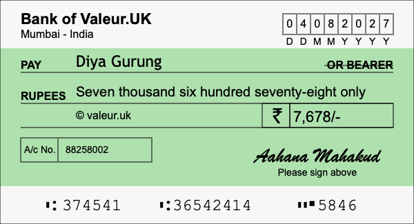 How to write a cheque for 7,678 rupees