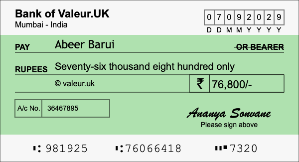 How to write a cheque for 76,800 rupees How to write a cheque for 76,800 rupees
