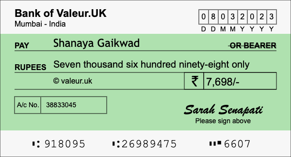 How to write a cheque for 7,698 rupees