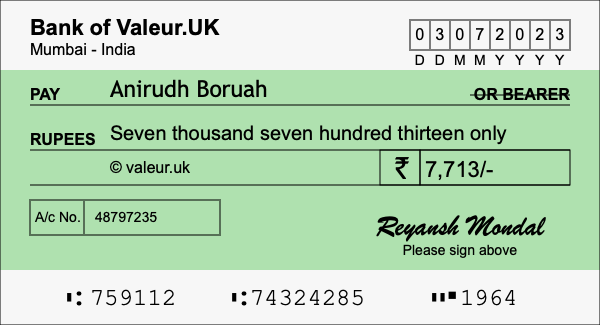 How to write a cheque for 7,713 rupees