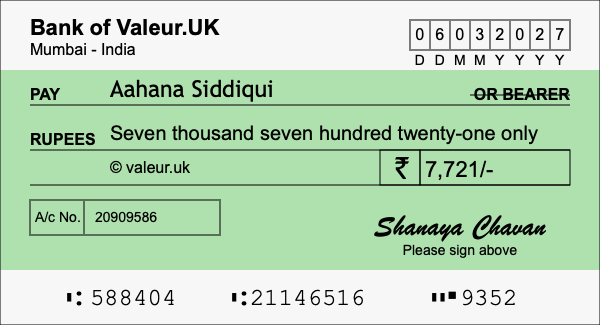 How to write a cheque for 7,721 rupees