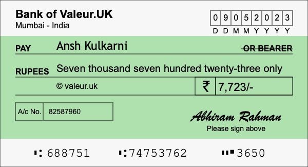 How to write a cheque for 7,723 rupees
