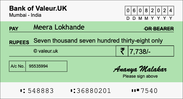 How to write a cheque for 7,738 rupees How to write a cheque for 7,738 rupees