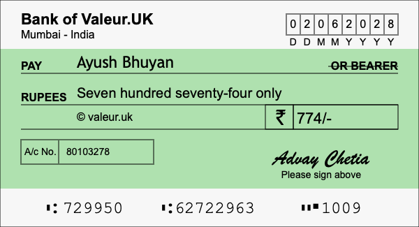 How to write a cheque for 774 rupees