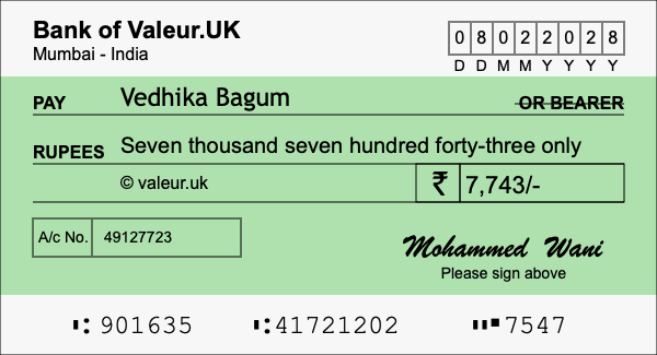 How to write a cheque for 7,743 rupees