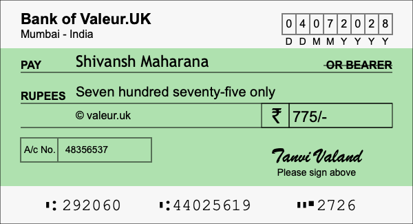 How to write a cheque for 775 rupees
