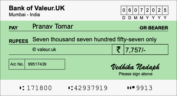 How to write a cheque for 7,757 rupees