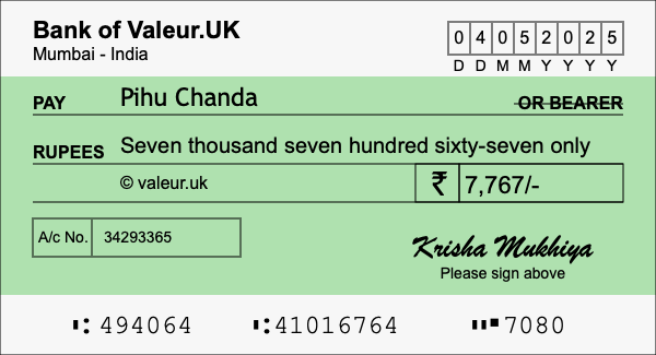 How to write a cheque for 7,767 rupees