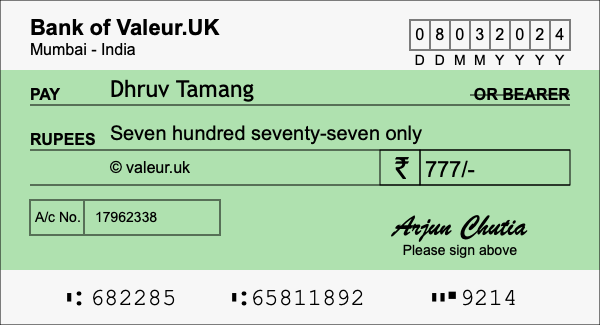 How to write a cheque for 777 rupees