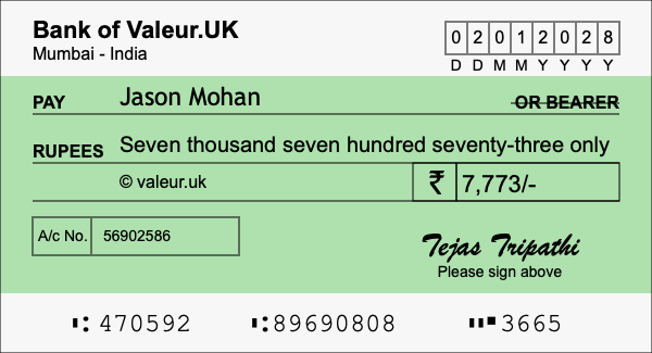 How to write a cheque for 7,773 rupees