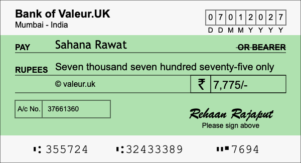 How to write a cheque for 7,775 rupees
