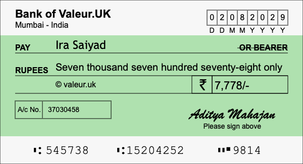 How to write a cheque for 7,778 rupees