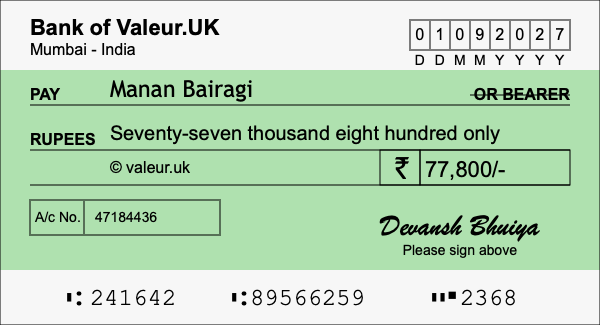 How to write a cheque for 77,800 rupees