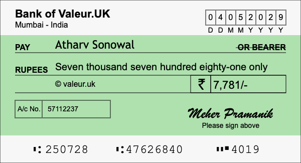 How to write a cheque for 7,781 rupees