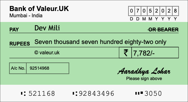 How to write a cheque for 7,782 rupees