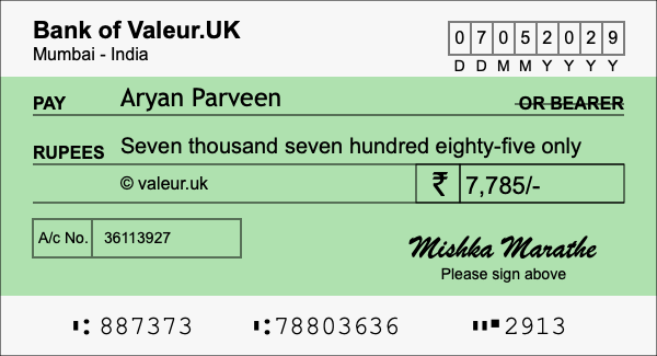 How to write a cheque for 7,785 rupees