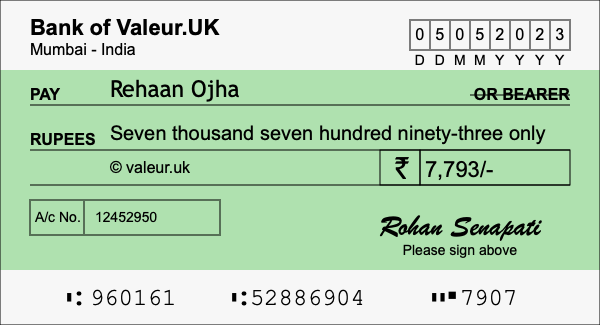 How to write a cheque for 7,793 rupees