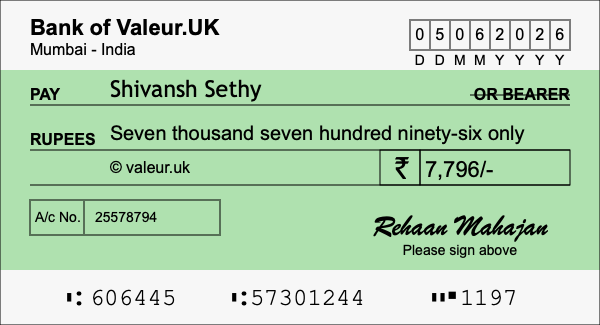 How to write a cheque for 7,796 rupees