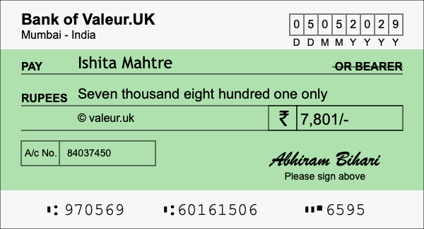 How to write a cheque for 7,801 rupees