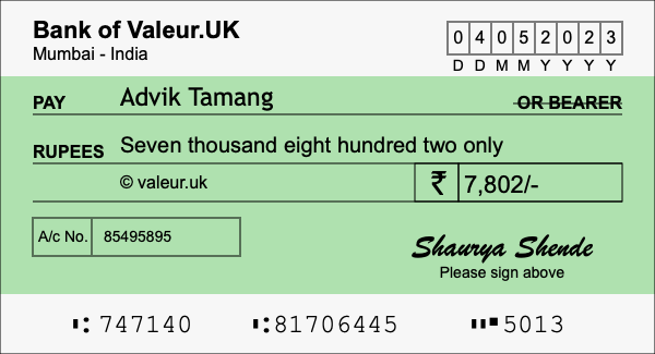 How to write a cheque for 7,802 rupees