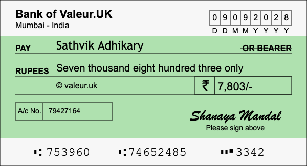 How to write a cheque for 7,803 rupees