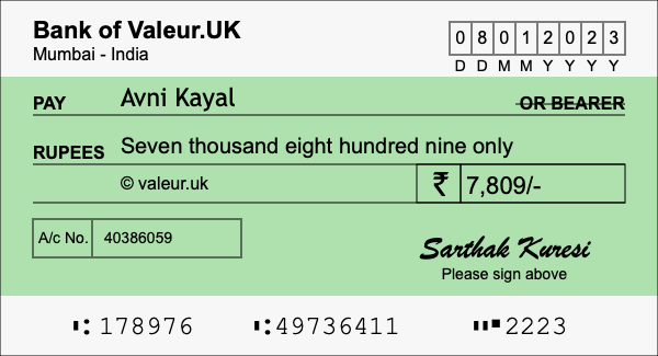How to write a cheque for 7,809 rupees How to write a cheque for 7,809 rupees