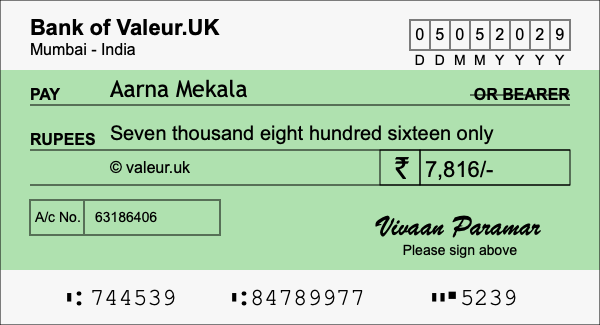 How to write a cheque for 7,816 rupees