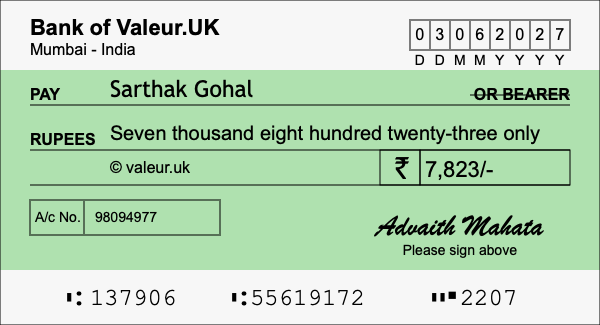 How to write a cheque for 7,823 rupees