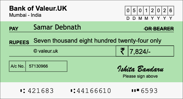How to write a cheque for 7,824 rupees