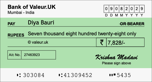 How to write a cheque for 7,828 rupees