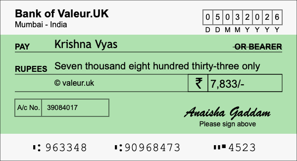 How to write a cheque for 7,833 rupees How to write a cheque for 7,833 rupees