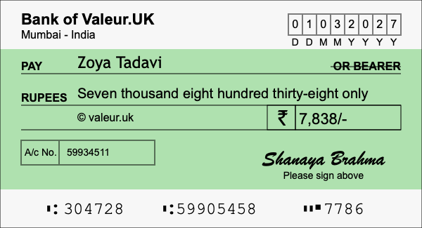 How to write a cheque for 7,838 rupees