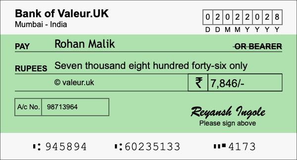 How to write a cheque for 7,846 rupees