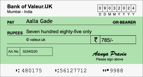 How to write a cheque for 785 rupees