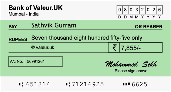 How to write a cheque for 7,855 rupees
