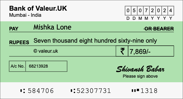 How to write a cheque for 7,869 rupees